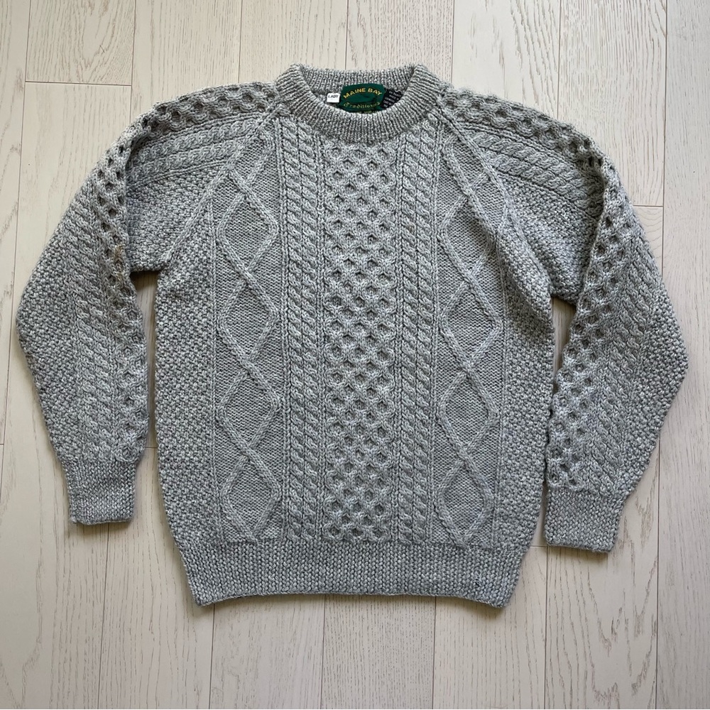 Vintage Maine Bay Thick Cable Knit 100% Wool Hand Knitted Fisherman Sweater - Picture 15 of 16